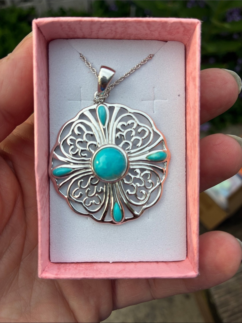 Turquoise Floral Silver Pendant Necklace - Elegant Women’s Jewelry